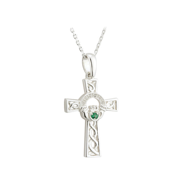 SILVER CLADDAGH CROSS PENDANT WITH GREEN CRYSTAL