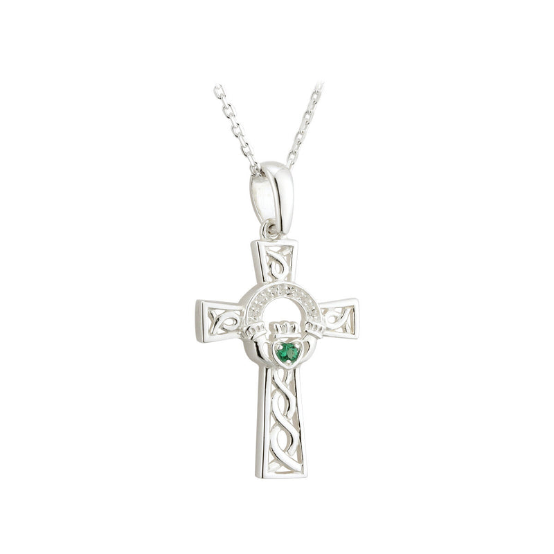 SILVER CLADDAGH CROSS PENDANT WITH GREEN CRYSTAL