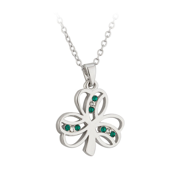 Silver Plated White And Green Crystal Shamrock Pendant