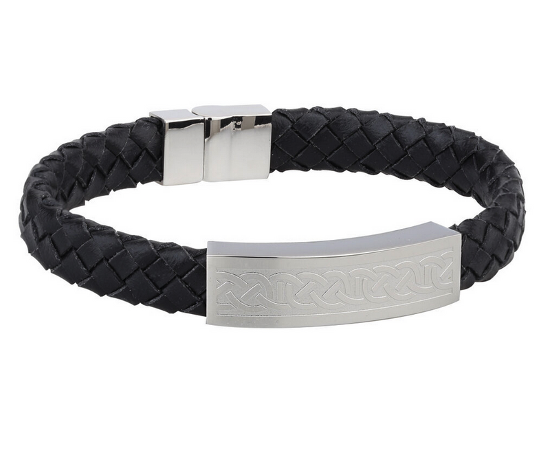 Wide Mens Stainless Steel Black Leather Celtic Bracelet