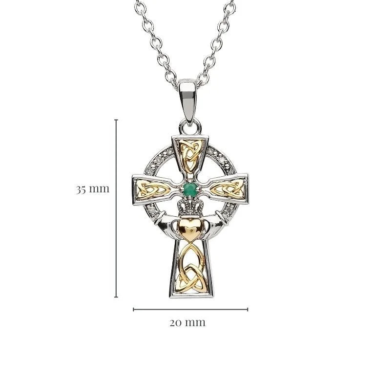 silver celtic trinity cross set with emerald and diamond with measurement