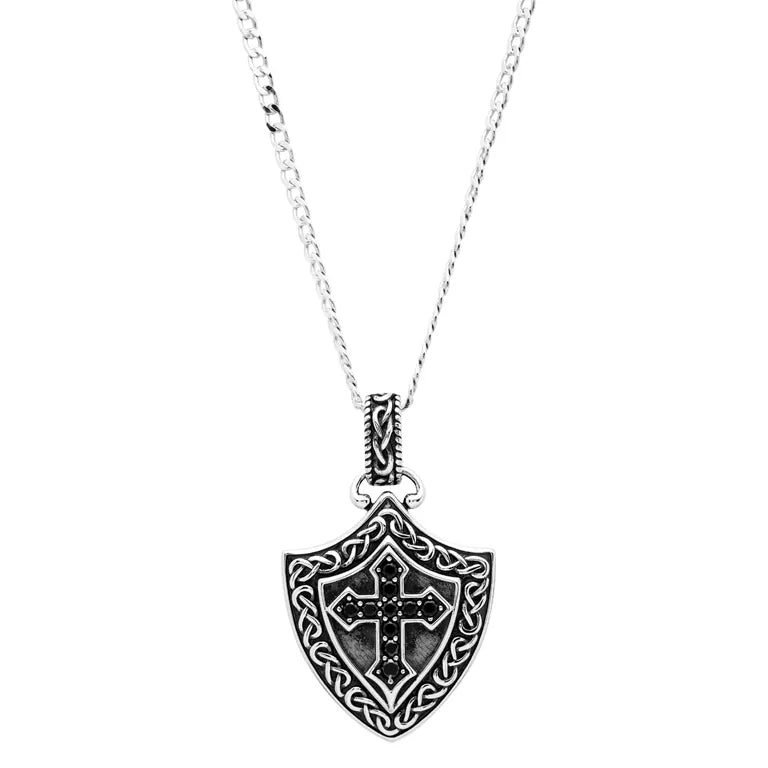 Sterling-Silver-Mens-Black-Spinel-Celtic-Cross-Shield-Necklace
