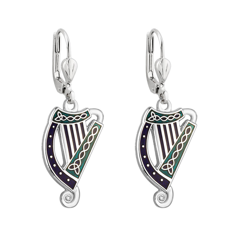 Pendientes de arpa de esmalte azul rodiado