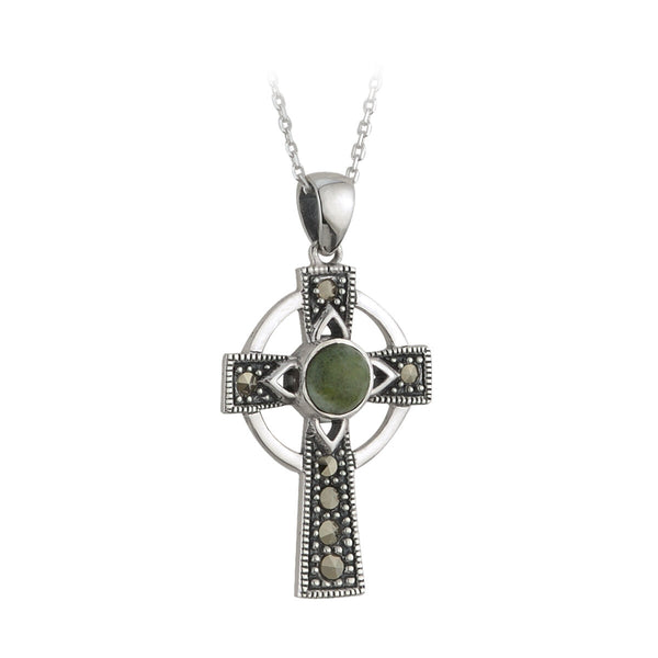Connemara Marble Marcasite Cross Pendant