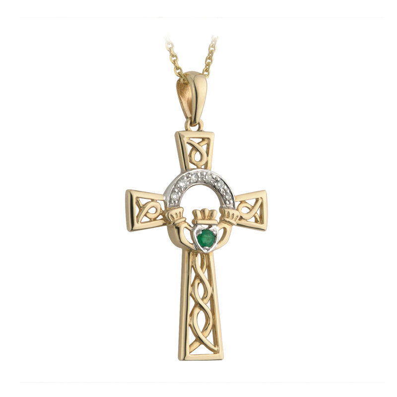 14k Solid Gold Diamond Claddagh Cross