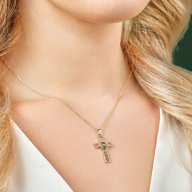 14k Gold Diamond and Emerald Claddagh Cross