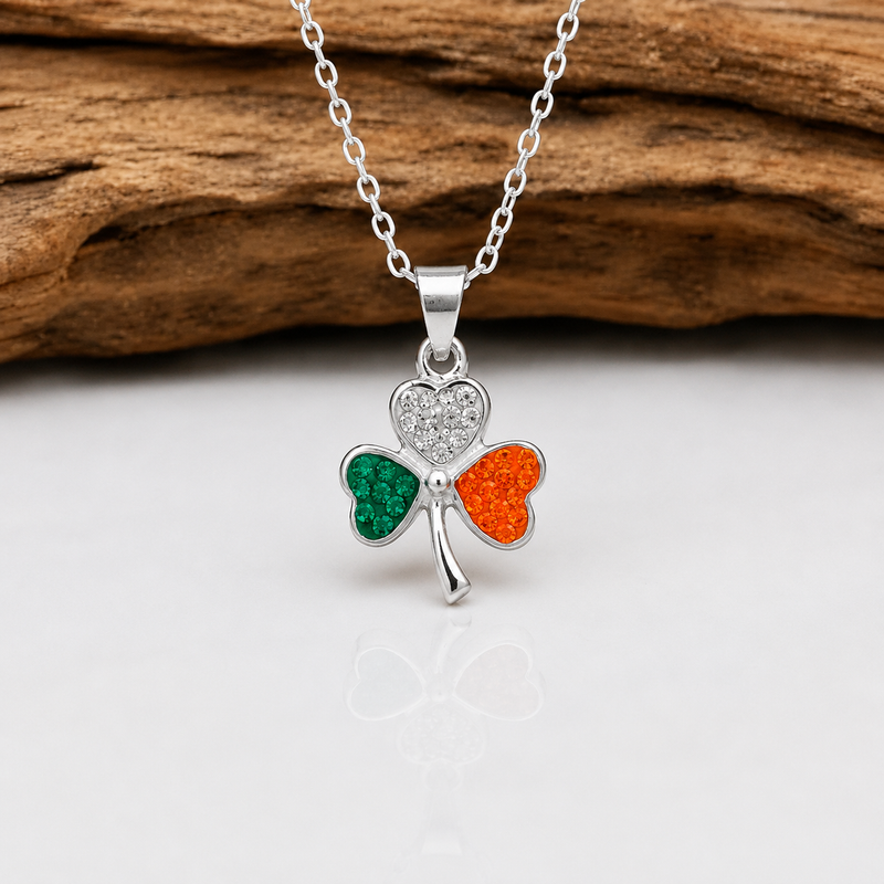 Sterling Silver Shamrock Necklace with Irish Tricolour Stones