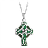 Colgante de cruz celta de esmalte verde y rodio