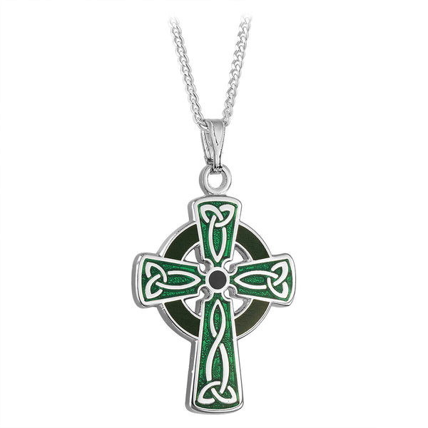 Colgante de cruz celta de esmalte verde y rodio