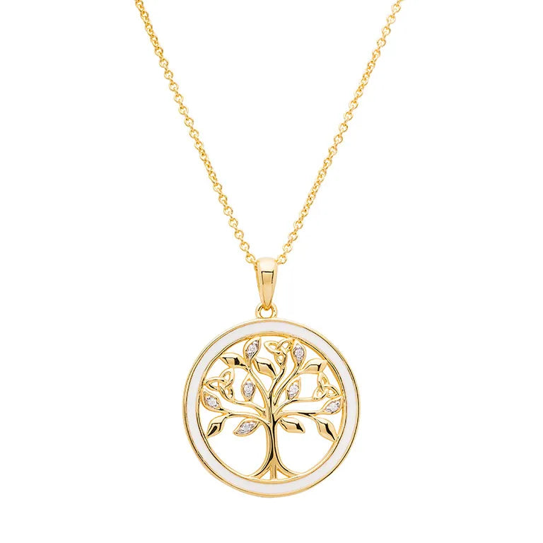 Collar del Árbol de la Vida Celta de Vermeil de Oro con Esmalte y Detalles de Circonita Cúbica