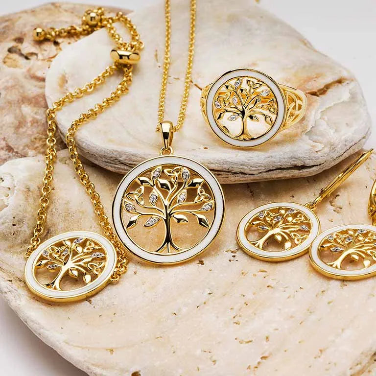 Collar del Árbol de la Vida Celta de Vermeil de Oro con Esmalte y Detalles de Circonita Cúbica