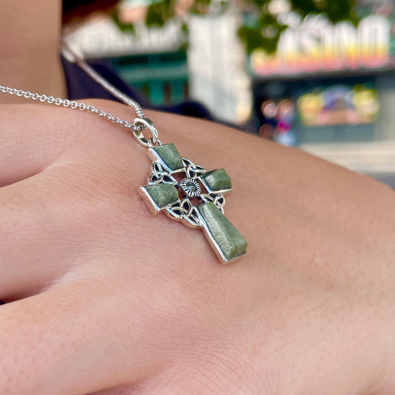 Sterling Silver Connemara Marble Celtic Cross with Marcasite Center