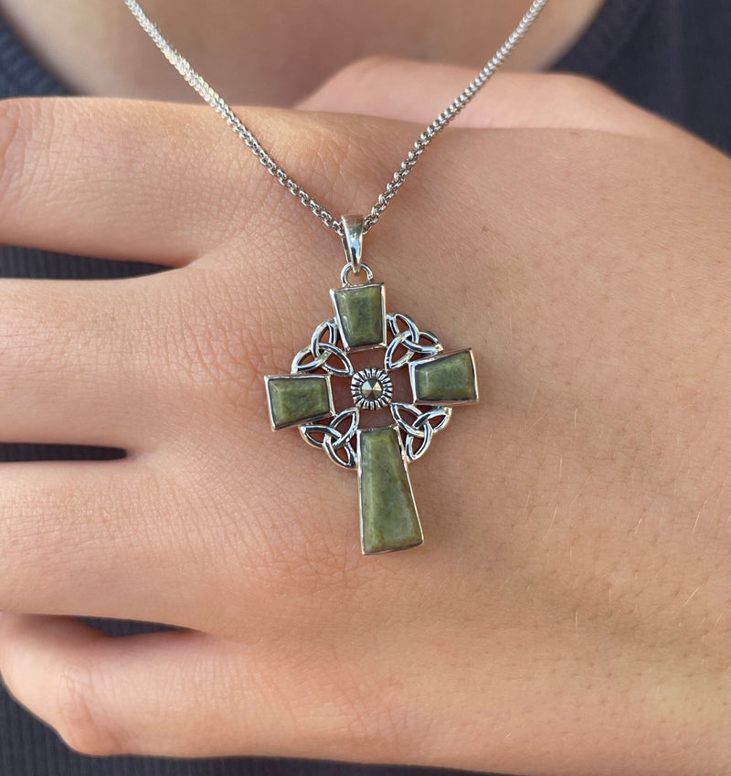 Sterling Silver Connemara Marble Celtic Cross with Marcasite Center