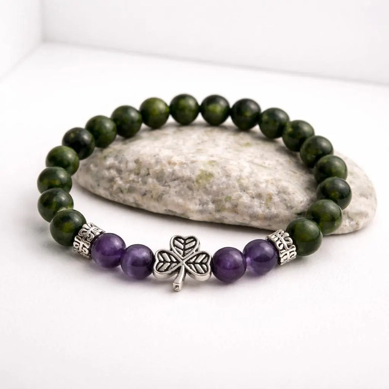 Irish Shamrock Bracelet with Connemara Marble and and Amethyst Gemstone