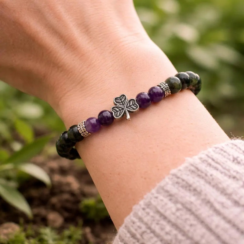 Irish Shamrock Bracelet with Connemara Marble and and Amethyst Gemstone