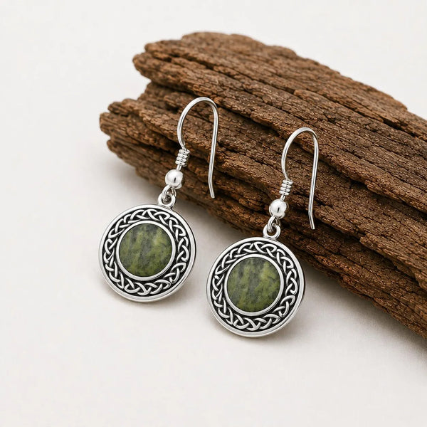 Connemara Marble Silver Round Celtic Knot Drop Earrings