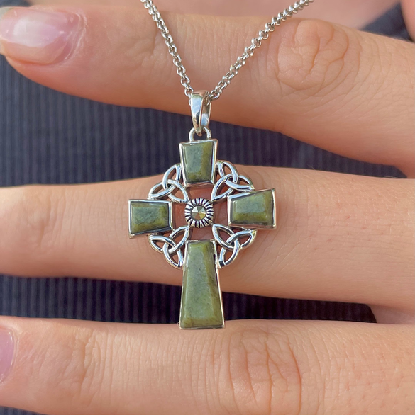 Sterling Silver Connemara Marble Celtic Cross with Marcasite Center
