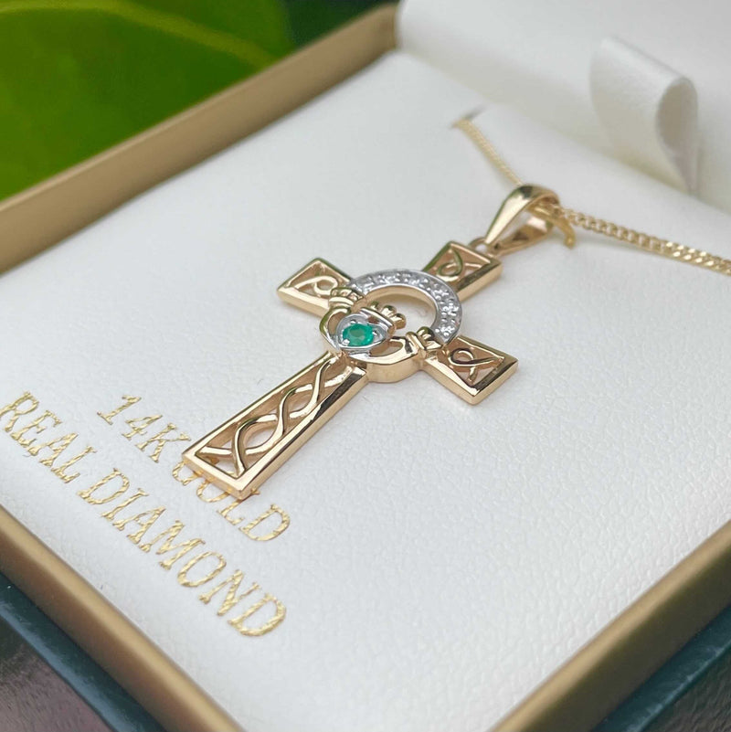 14k Solid Gold Diamond Claddagh Cross