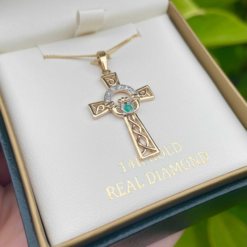 14k Solid Gold Diamond Claddagh Cross