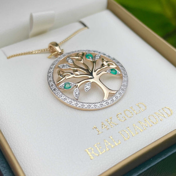 14K Gold Diamond and Emerald Tree of Life Pendant