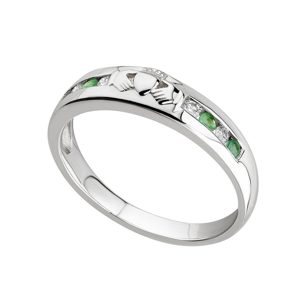14k White Gold Diamond and Emerald Claddagh Eternity Ring