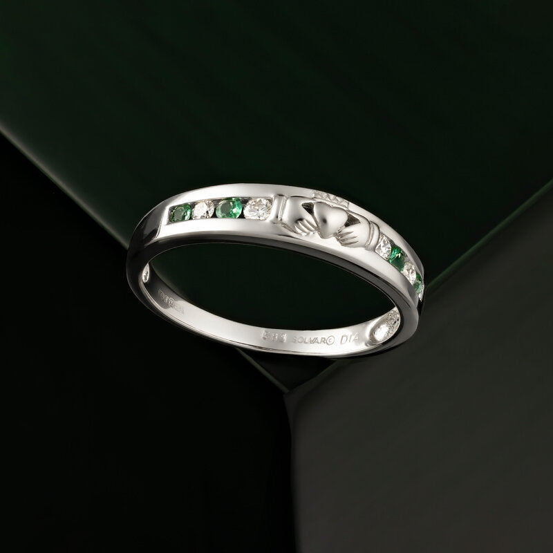 14k White Gold Diamond and Emerald Claddagh Eternity Ring