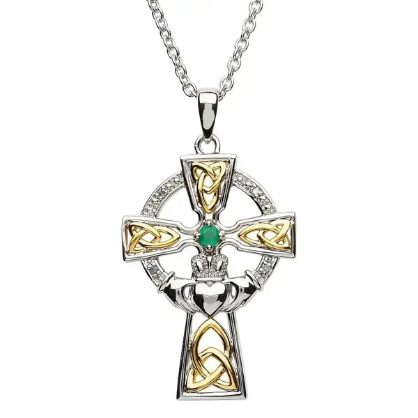 silver celtic trinity cross set with emerald and diamond