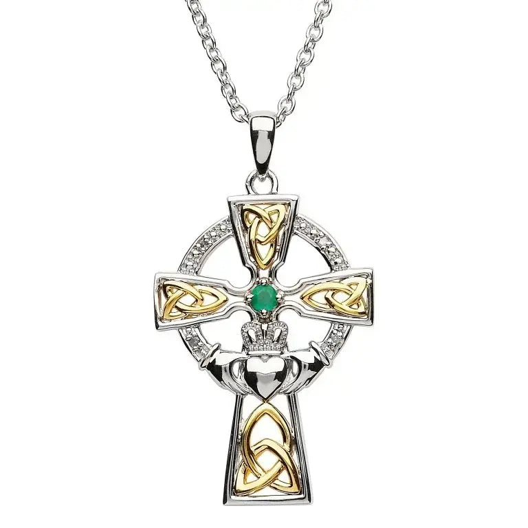 silver celtic trinity cross set with emerald and diamond